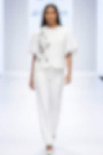 White Neoprene & Spandex Hand Embroidered Top by House of NSJ at Pernia's Pop Up Shop