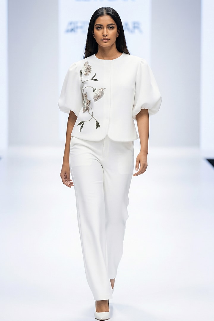 White Neoprene & Spandex Hand Embroidered Top by House of NSJ at Pernia's Pop Up Shop