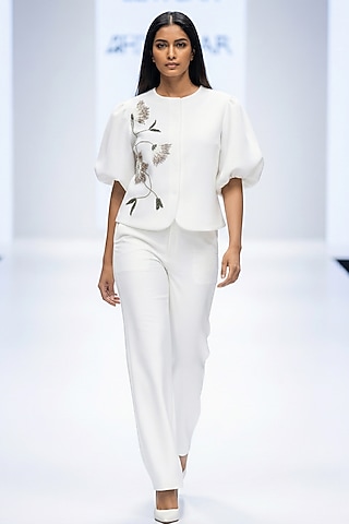 White Neoprene & Spandex Hand Embroidered Top by House of NSJ