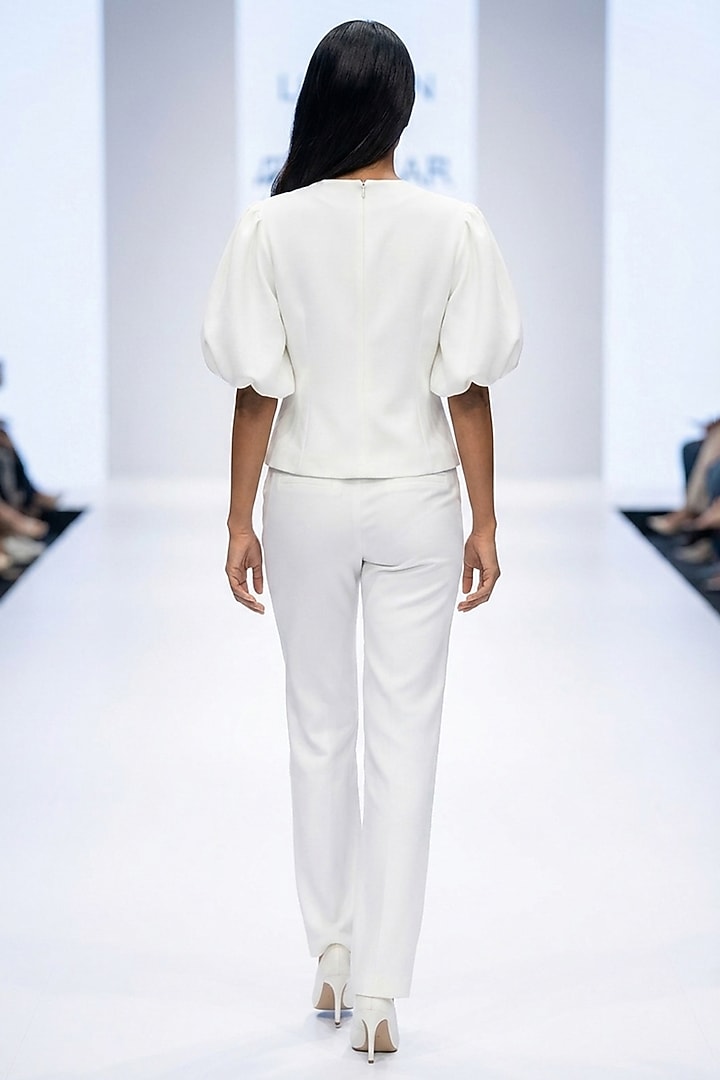 White Neoprene & Spandex Hand Embroidered Top by House of NSJ at Pernia's Pop Up Shop
