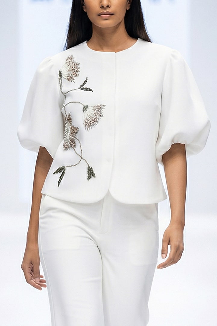 White Neoprene & Spandex Hand Embroidered Top by House of NSJ at Pernia's Pop Up Shop
