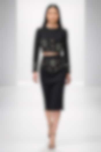 Black Neoprene Hand Embroidered Skirt Set by House of NSJ at Pernia's Pop Up Shop