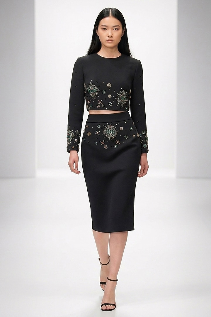 Black Neoprene Hand Embroidered Skirt Set by House of NSJ at Pernia's Pop Up Shop