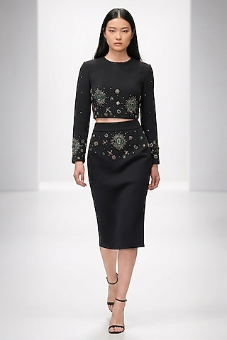 Black Neoprene Hand Embroidered Skirt Set by House of NSJ