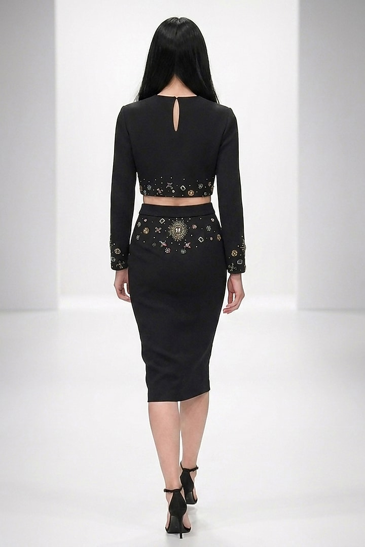 Black Neoprene Hand Embroidered Skirt Set by House of NSJ at Pernia's Pop Up Shop