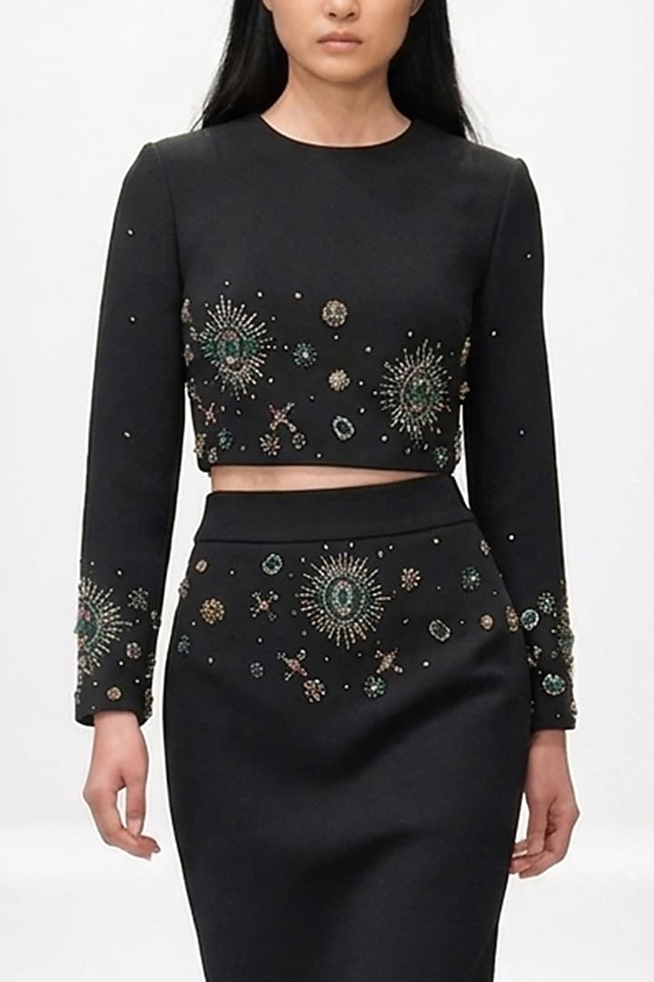 Black Neoprene Hand Embroidered Skirt Set by House of NSJ at Pernia's Pop Up Shop