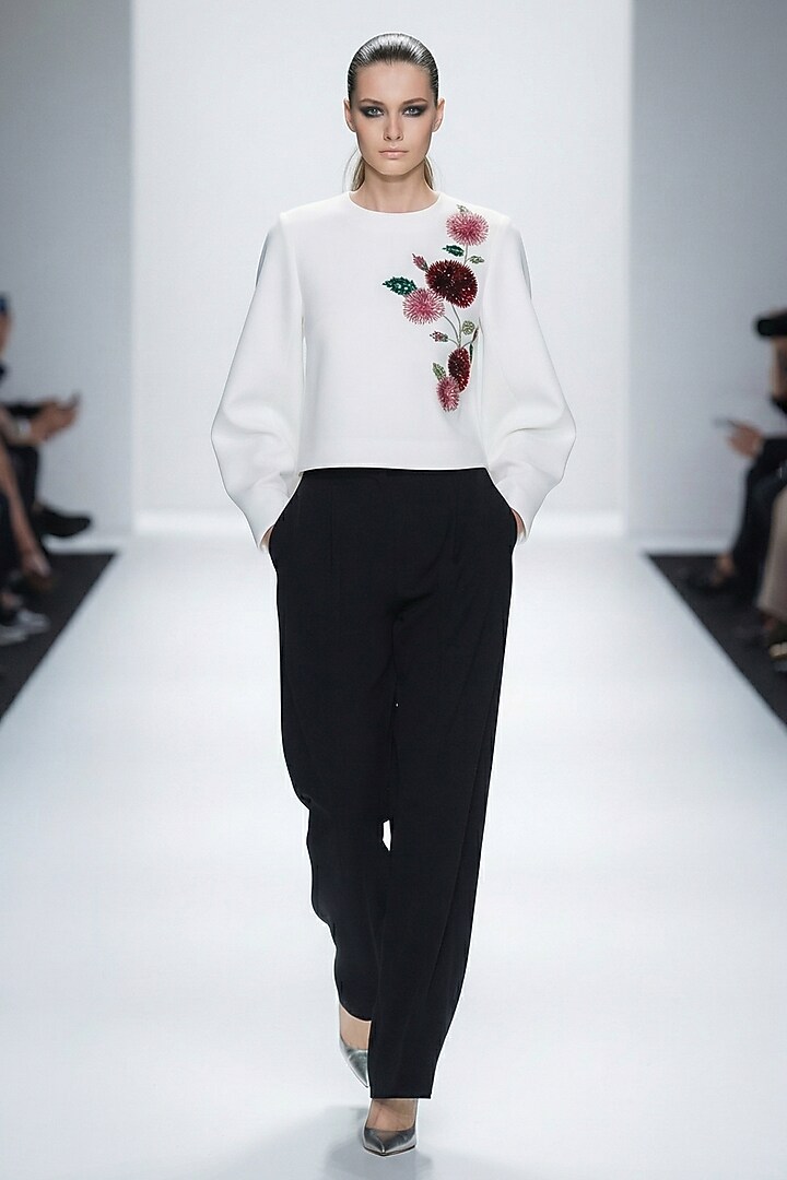 Ivory Neoprene & Spandex Hand Embroidered Top by House of NSJ at Pernia's Pop Up Shop