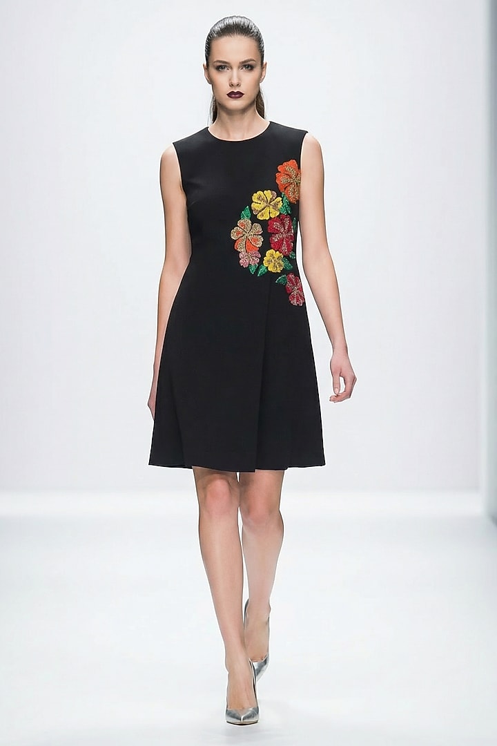 Black Neoprene & Spandex Hand Embroidered Vacation Dress by House of NSJ at Pernia's Pop Up Shop