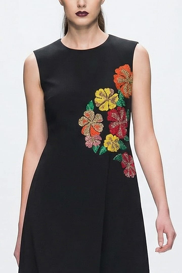Black Neoprene & Spandex Hand Embroidered Vacation Dress by House of NSJ at Pernia's Pop Up Shop