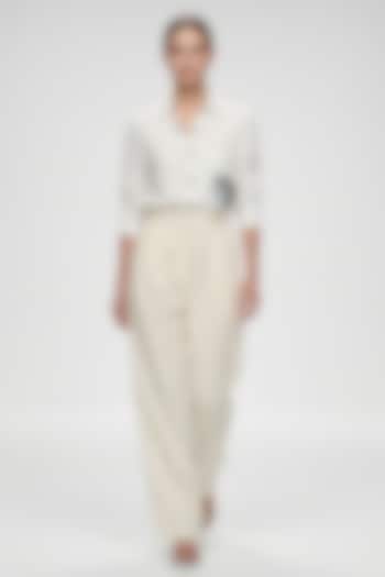 Ivory Linen Sequins Hand Embroidered Shirt by House of NSJ at Pernia's Pop Up Shop
