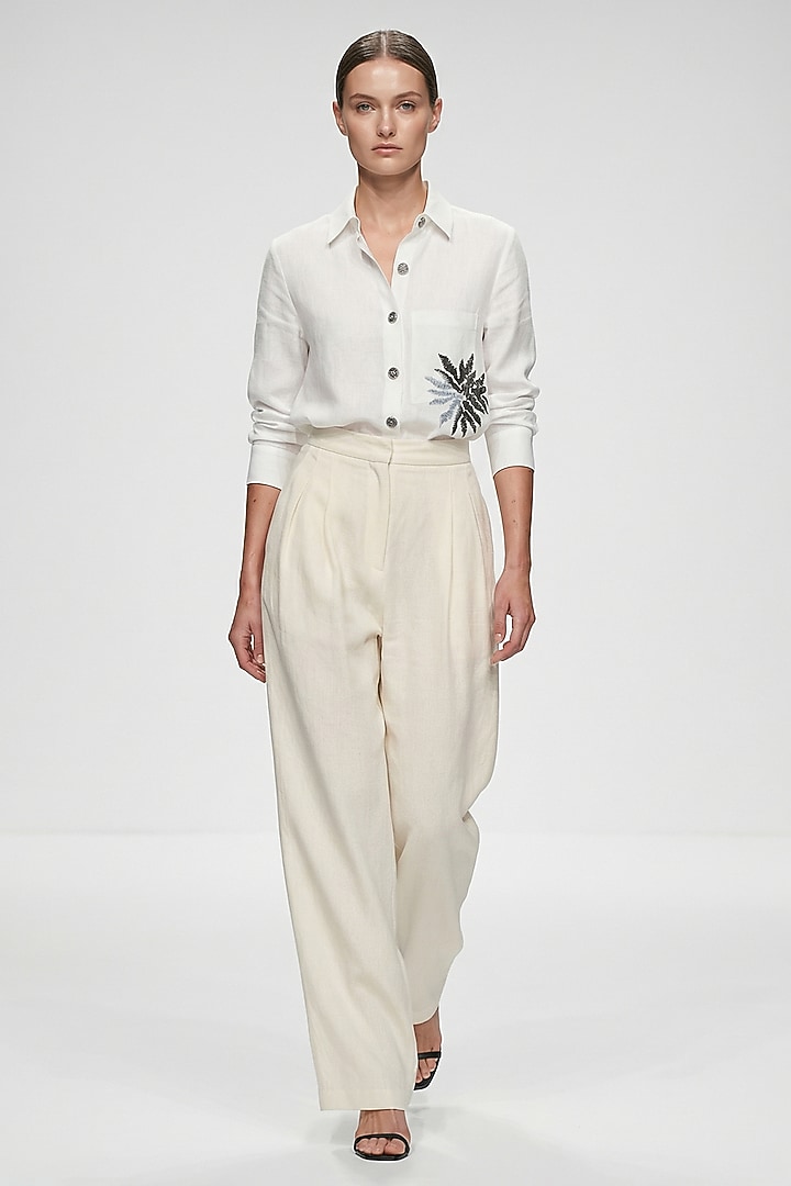 Ivory Linen Sequins Hand Embroidered Shirt by House of NSJ at Pernia's Pop Up Shop