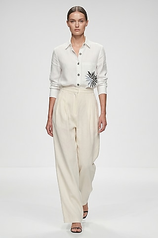 Ivory Linen Sequins Hand Embroidered Shirt by House of NSJ