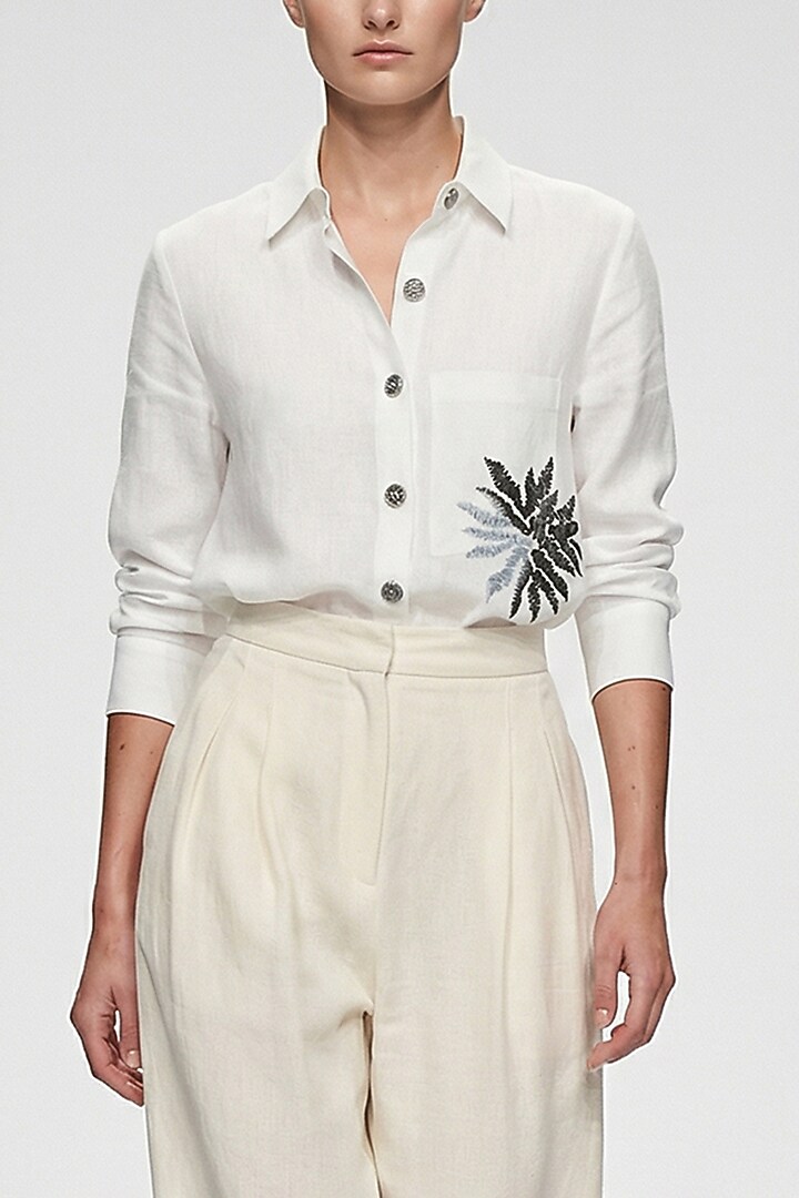 Ivory Linen Sequins Hand Embroidered Shirt by House of NSJ at Pernia's Pop Up Shop