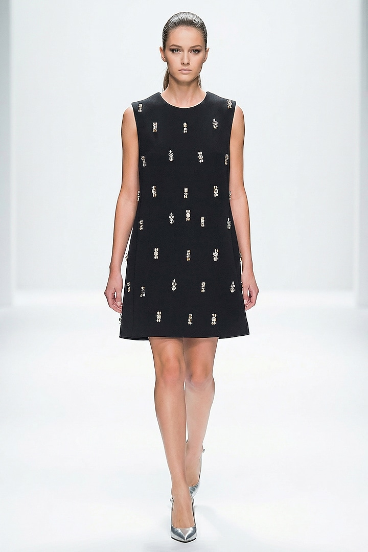 Black Neoprene & Spandex Hand Embroidered Mini Vacation Dress by House of NSJ at Pernia's Pop Up Shop