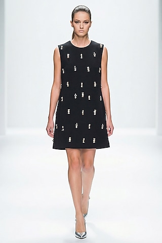 Black Neoprene & Spandex Hand Embroidered Mini Dress by House of NSJ