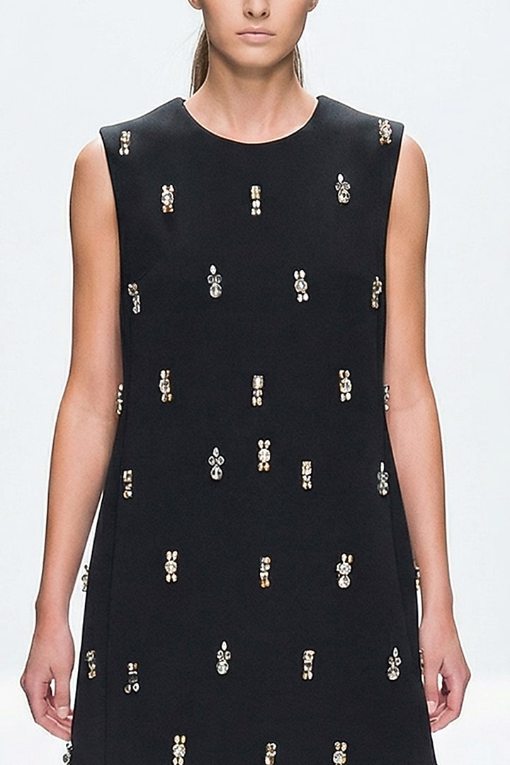 Black Neoprene & Spandex Hand Embroidered Mini Vacation Dress by House of NSJ at Pernia's Pop Up Shop