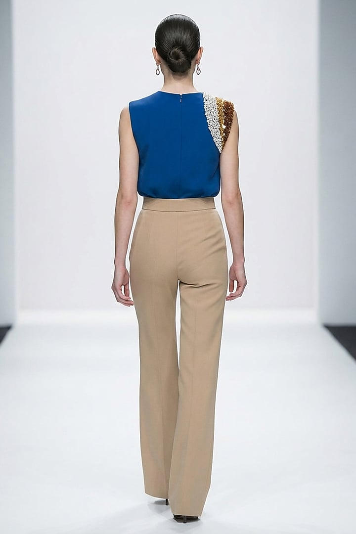 Blue Neoprene & Spandex Hand Embroidered Top by House of NSJ at Pernia's Pop Up Shop