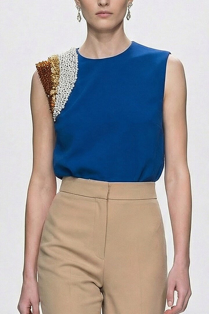 Blue Neoprene & Spandex Hand Embroidered Top by House of NSJ at Pernia's Pop Up Shop