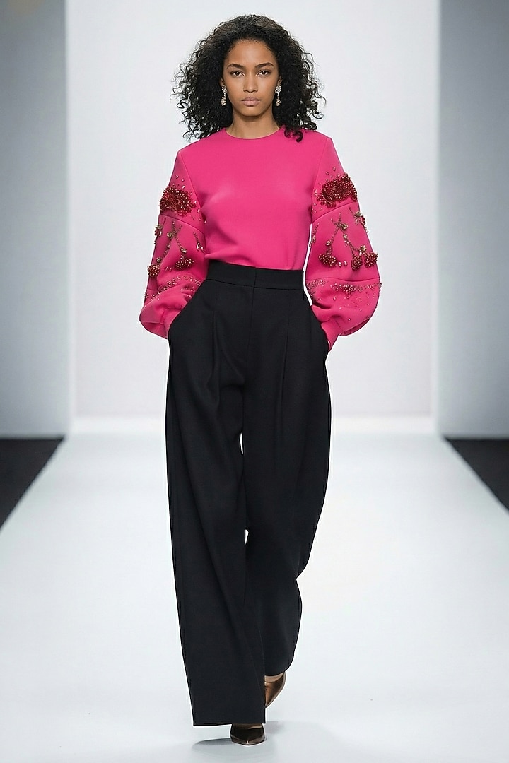 Hot Pink Neoprene & Spandex Hand Embroidered Top by House of NSJ at Pernia's Pop Up Shop