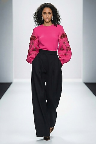 Hot Pink Neoprene & Spandex Hand Embroidered Top by House of NSJ