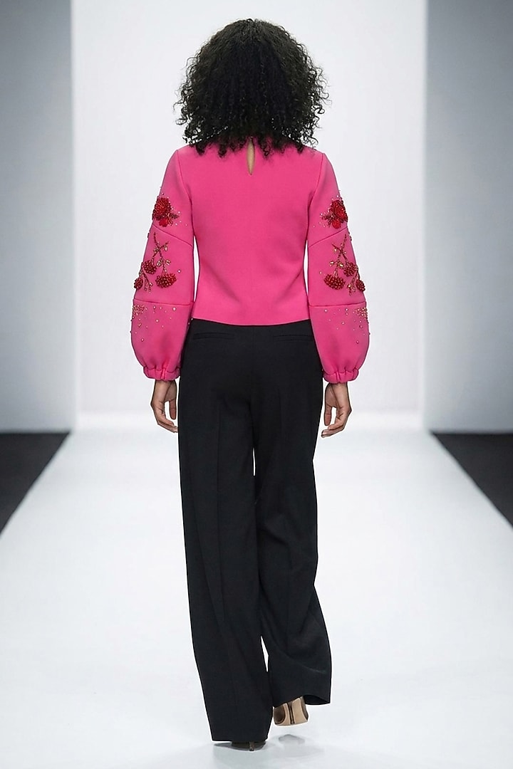 Hot Pink Neoprene & Spandex Hand Embroidered Top by House of NSJ at Pernia's Pop Up Shop