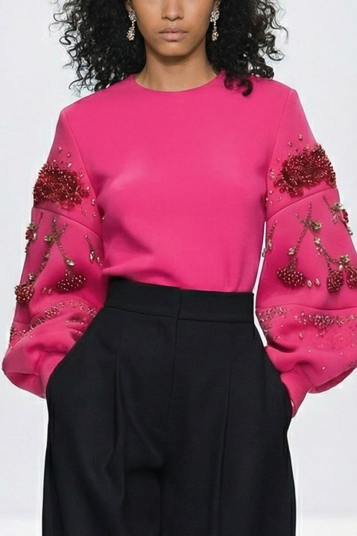 Hot Pink Neoprene & Spandex Hand Embroidered Top by House of NSJ at Pernia's Pop Up Shop