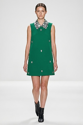 Emerald Green Neoprene & Spandex Hand Embroidered Mini Dress by House of NSJ