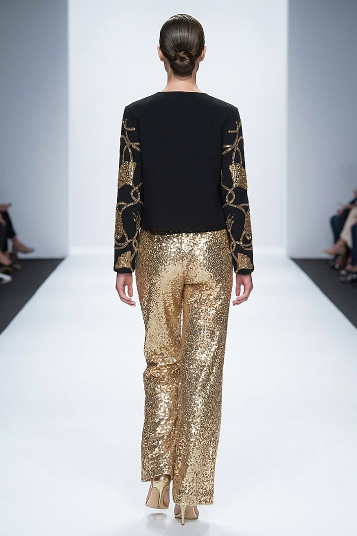 Black & Gold Neoprene & Spandex Hand Embroidered Jacket by House of NSJ at Pernia's Pop Up Shop