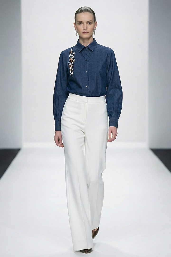 Blue Cotton Bead Hand Embellished Denim Shirt by House of NSJ at Pernia's Pop Up Shop