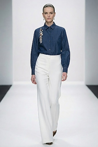 Blue Cotton Bead Hand Embellished Denim Shirt by House of NSJ