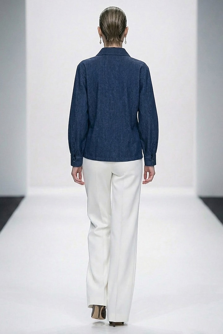 Blue Cotton Bead Hand Embellished Denim Shirt by House of NSJ at Pernia's Pop Up Shop