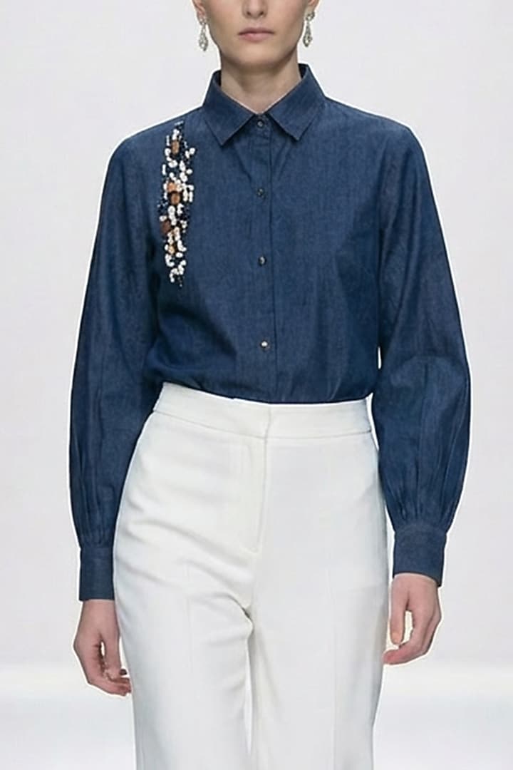 Blue Cotton Bead Hand Embellished Denim Shirt by House of NSJ at Pernia's Pop Up Shop