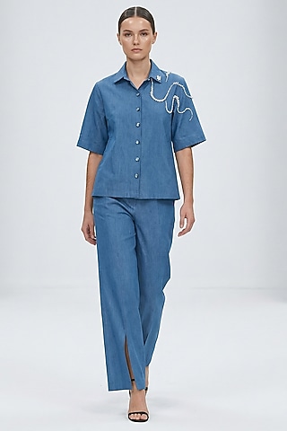 Blue Cotton Denim Pearl Embroidered Co-Ord Set by House of NSJ