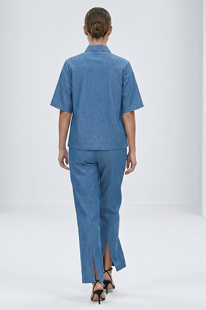 Blue Cotton Denim Pearl Embroidered Co-Ord Set by House of NSJ at Pernia's Pop Up Shop