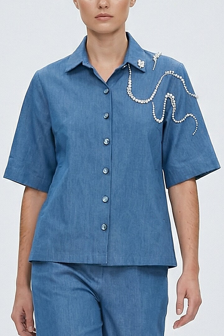 Blue Cotton Denim Pearl Embroidered Co-Ord Set by House of NSJ at Pernia's Pop Up Shop