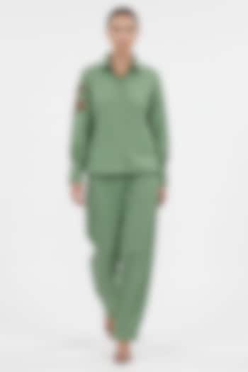 Green Cotton Hand Embroidered Shirt by House of NSJ at Pernia's Pop Up Shop