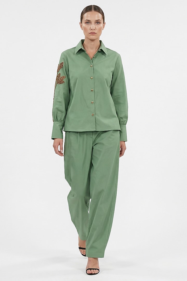 Green Cotton Hand Embroidered Shirt by House of NSJ at Pernia's Pop Up Shop