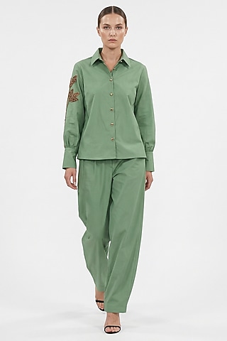Green Cotton Hand Embroidered Shirt by House of NSJ