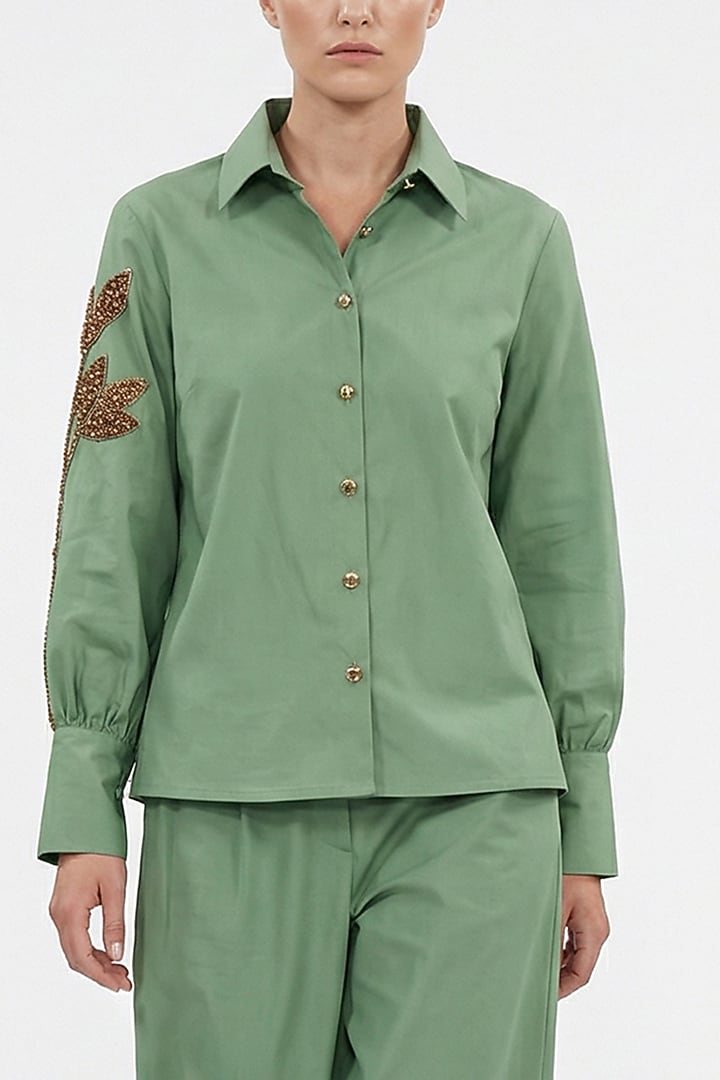 Green Cotton Hand Embroidered Shirt by House of NSJ at Pernia's Pop Up Shop