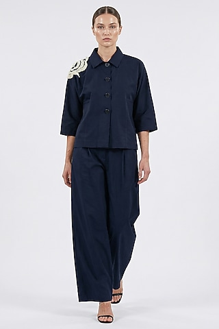 Blue Cotton Denim Hand Embroidered Shirt by House of NSJ