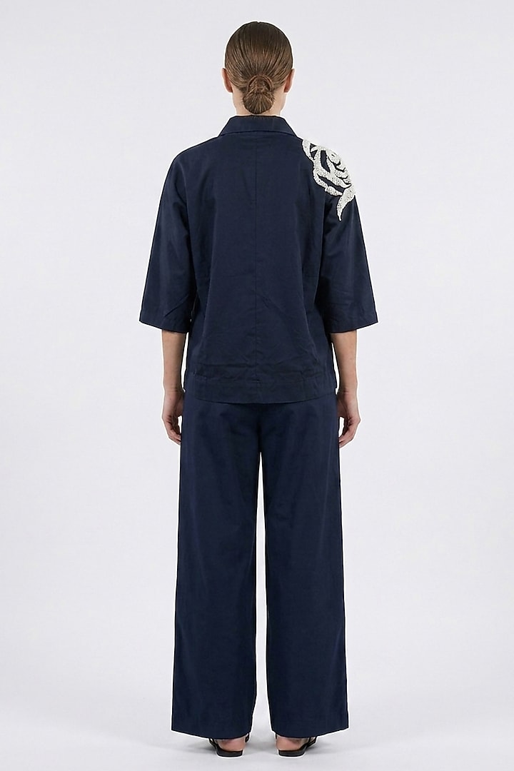 Blue Cotton Denim Hand Embroidered Shirt by House of NSJ at Pernia's Pop Up Shop