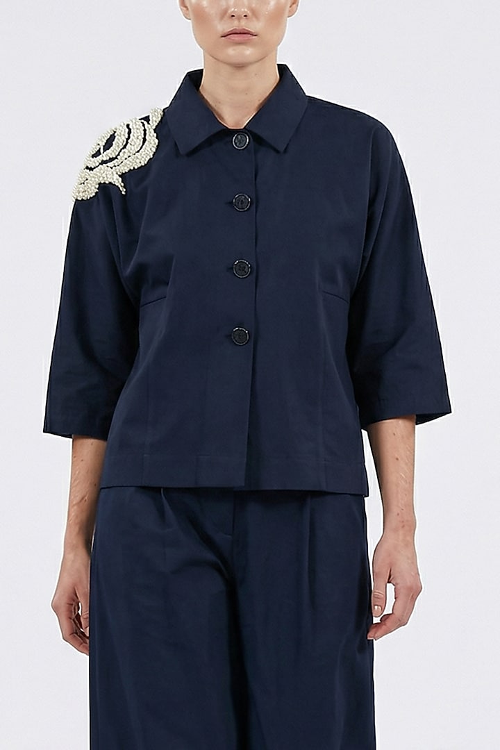 Blue Cotton Denim Hand Embroidered Shirt by House of NSJ at Pernia's Pop Up Shop
