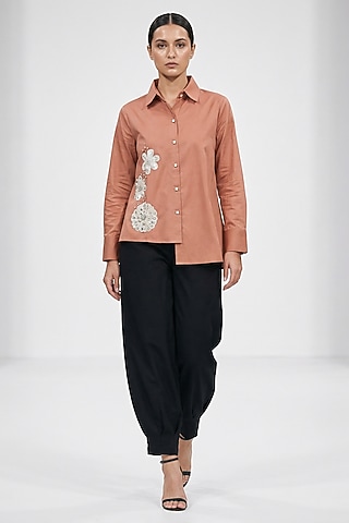Brown Cotton Hand Embroidered Shirt by House of NSJ