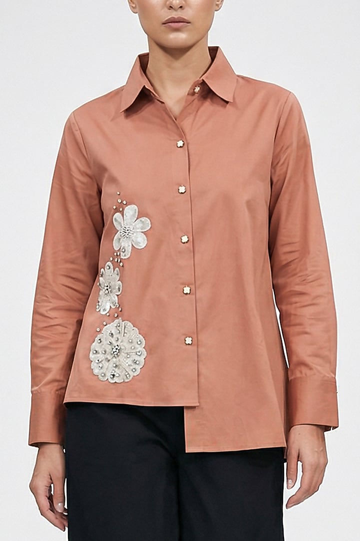 Brown Cotton Hand Embroidered Shirt by House of NSJ at Pernia's Pop Up Shop