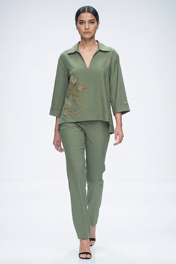 Olive Green Cotton Hand Embroidered Shirt by House of NSJ at Pernia's Pop Up Shop