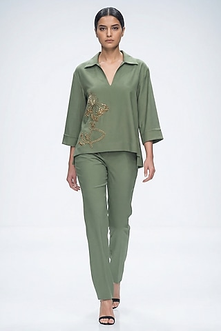 Olive Green Cotton Hand Embroidered Shirt by House of NSJ