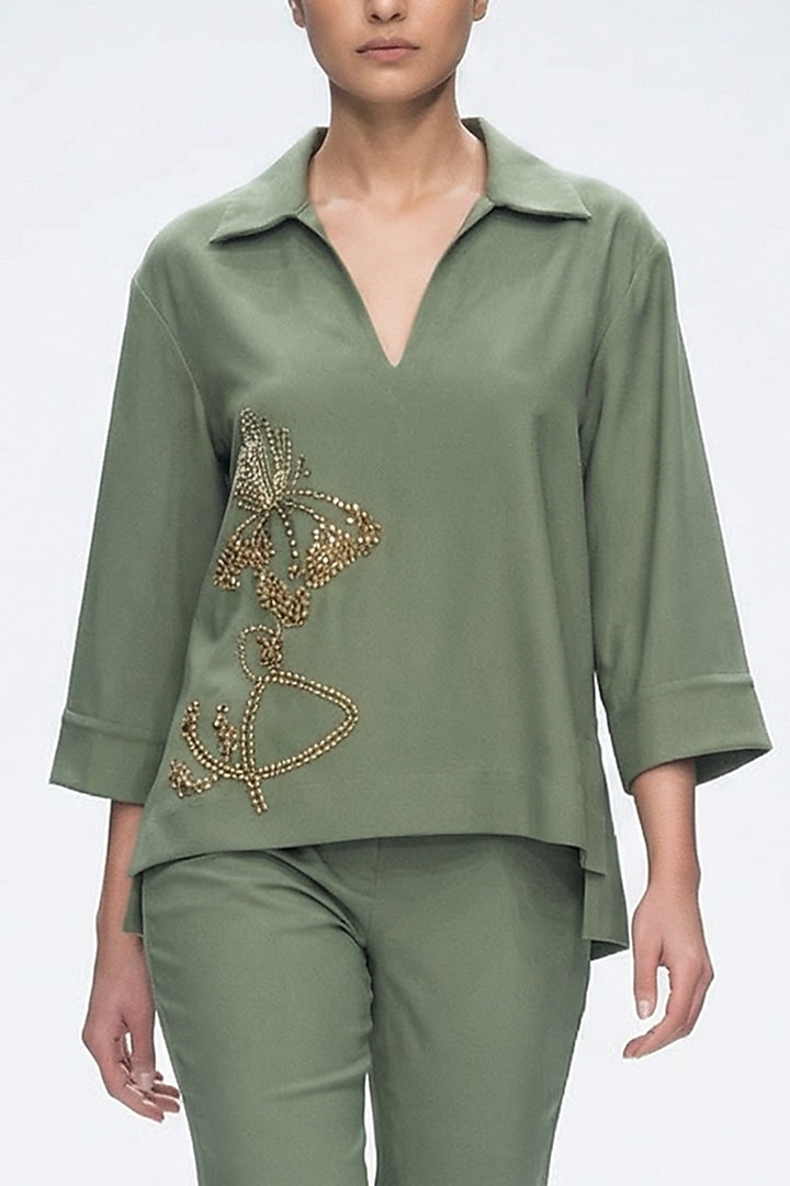 Olive Green Cotton Hand Embroidered Shirt by House of NSJ at Pernia's Pop Up Shop