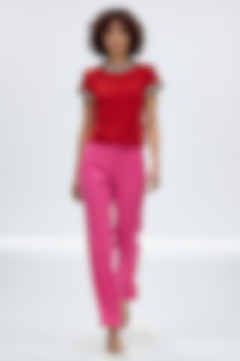 Red Polyester & Spandex Hand Embroidered Top by House of NSJ at Pernia's Pop Up Shop