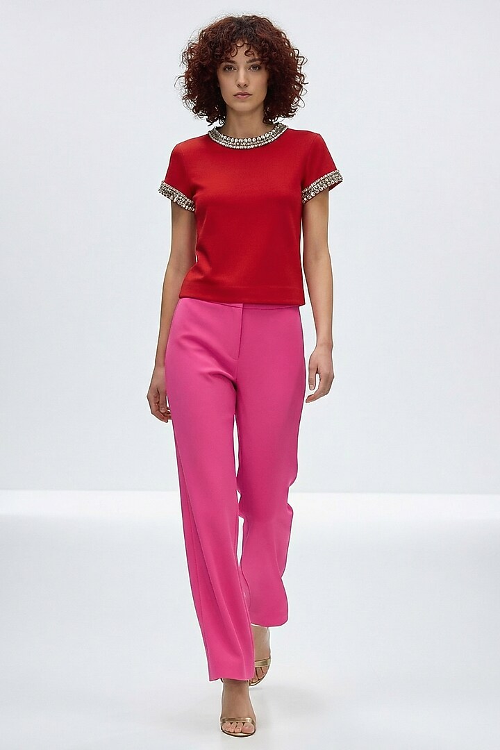 Red Polyester & Spandex Hand Embroidered Top by House of NSJ at Pernia's Pop Up Shop