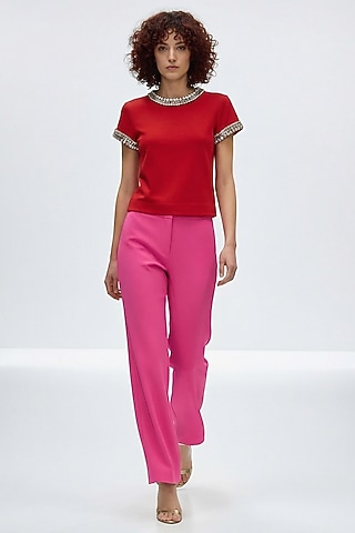 Red Polyester & Spandex Hand Embroidered Top by House of NSJ